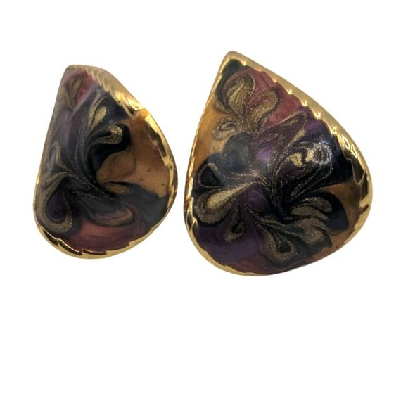 Enamel Abstract Pierced Earrings Large Teardrop Shape Vintage Gold Tone - Picture 3 of 4